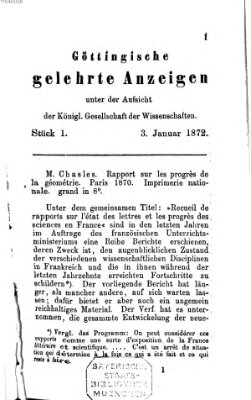 Göttingische gelehrte Anzeigen (Göttingische Zeitungen von gelehrten Sachen) Mittwoch 3. Januar 1872