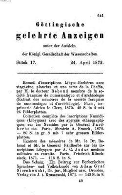 Göttingische gelehrte Anzeigen (Göttingische Zeitungen von gelehrten Sachen) Mittwoch 24. April 1872