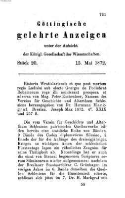 Göttingische gelehrte Anzeigen (Göttingische Zeitungen von gelehrten Sachen) Mittwoch 15. Mai 1872