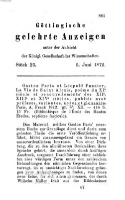 Göttingische gelehrte Anzeigen (Göttingische Zeitungen von gelehrten Sachen) Mittwoch 5. Juni 1872