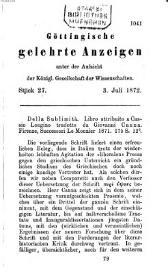 Göttingische gelehrte Anzeigen (Göttingische Zeitungen von gelehrten Sachen) Mittwoch 3. Juli 1872