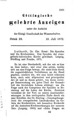 Göttingische gelehrte Anzeigen (Göttingische Zeitungen von gelehrten Sachen) Mittwoch 10. Juli 1872