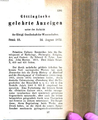 Göttingische gelehrte Anzeigen (Göttingische Zeitungen von gelehrten Sachen) Mittwoch 14. August 1872