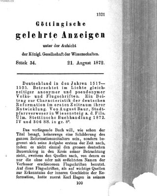 Göttingische gelehrte Anzeigen (Göttingische Zeitungen von gelehrten Sachen) Mittwoch 21. August 1872