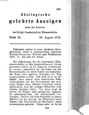 Göttingische gelehrte Anzeigen (Göttingische Zeitungen von gelehrten Sachen) Mittwoch 28. August 1872