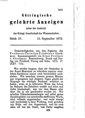 Göttingische gelehrte Anzeigen (Göttingische Zeitungen von gelehrten Sachen) Mittwoch 11. September 1872