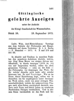 Göttingische gelehrte Anzeigen (Göttingische Zeitungen von gelehrten Sachen) Mittwoch 18. September 1872