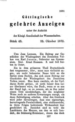 Göttingische gelehrte Anzeigen (Göttingische Zeitungen von gelehrten Sachen) Mittwoch 23. Oktober 1872