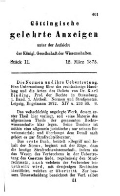 Göttingische gelehrte Anzeigen (Göttingische Zeitungen von gelehrten Sachen) Mittwoch 12. März 1873