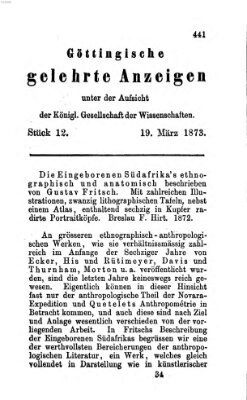 Göttingische gelehrte Anzeigen (Göttingische Zeitungen von gelehrten Sachen) Mittwoch 19. März 1873