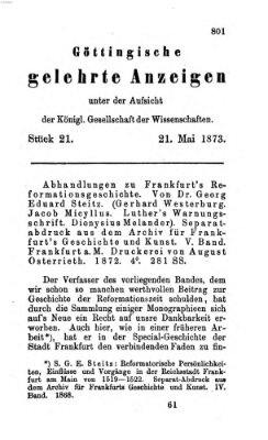 Göttingische gelehrte Anzeigen (Göttingische Zeitungen von gelehrten Sachen) Mittwoch 21. Mai 1873