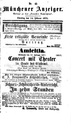 Münchener Anzeiger (Münchner neueste Nachrichten) Dienstag 14. Februar 1871