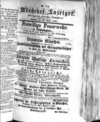 Münchener Anzeiger (Münchner neueste Nachrichten) Samstag 22. April 1871