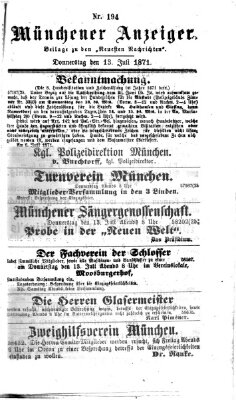 Münchener Anzeiger (Münchner neueste Nachrichten) Donnerstag 13. Juli 1871