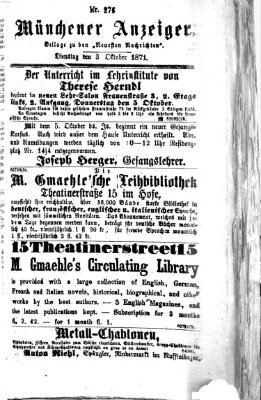 Münchener Anzeiger (Münchner neueste Nachrichten) Dienstag 3. Oktober 1871