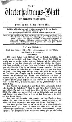 Neueste Nachrichten aus dem Gebiete der Politik. Unterhaltungs-Blatt der Neuesten Nachrichten (Münchner neueste Nachrichten) Sonntag 3. September 1871