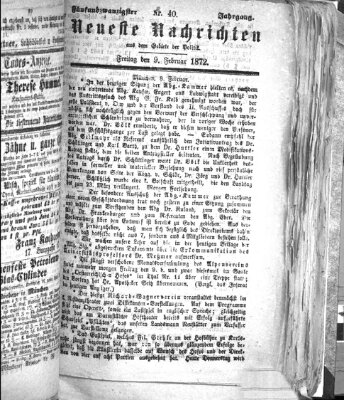 Neueste Nachrichten aus dem Gebiete der Politik (Münchner neueste Nachrichten) Freitag 9. Februar 1872