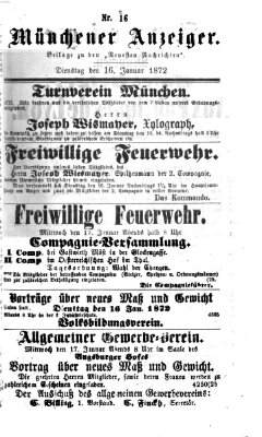 Münchener Anzeiger (Münchner neueste Nachrichten) Dienstag 16. Januar 1872