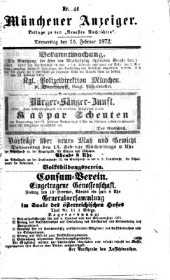 Münchener Anzeiger (Münchner neueste Nachrichten) Donnerstag 15. Februar 1872