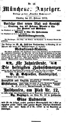 Münchener Anzeiger (Münchner neueste Nachrichten) Dienstag 27. Februar 1872