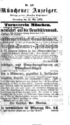 Münchener Anzeiger (Münchner neueste Nachrichten) Donnerstag 16. Mai 1872