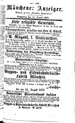 Münchener Anzeiger (Münchner neueste Nachrichten) Donnerstag 15. August 1872