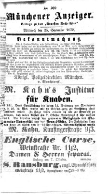 Münchener Anzeiger (Münchner neueste Nachrichten) Mittwoch 25. September 1872