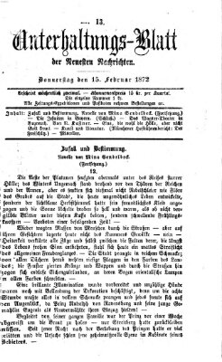 Neueste Nachrichten aus dem Gebiete der Politik. Unterhaltungs-Blatt der Neuesten Nachrichten (Münchner neueste Nachrichten) Donnerstag 15. Februar 1872