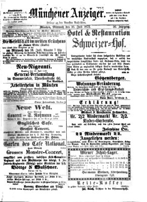 Münchener Anzeiger (Münchner neueste Nachrichten) Mittwoch 16. Juli 1873