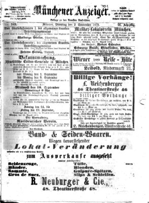 Münchener Anzeiger (Münchner neueste Nachrichten) Dienstag 2. September 1873