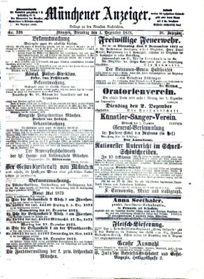 Münchener Anzeiger (Münchner neueste Nachrichten) Montag 1. Dezember 1873