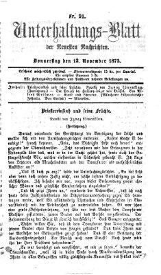 Neueste Nachrichten aus dem Gebiete der Politik. Unterhaltungs-Blatt der Neuesten Nachrichten (Münchner neueste Nachrichten) Donnerstag 13. November 1873