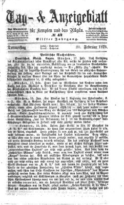 Tag- und Anzeigeblatt für Kempten und das Allgäu Donnerstag 20. Februar 1873