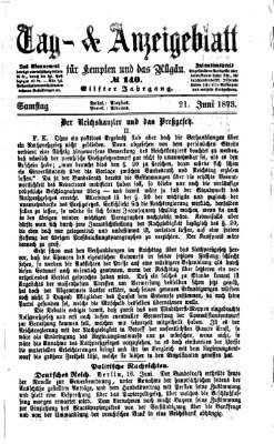 Tag- und Anzeigeblatt für Kempten und das Allgäu Samstag 21. Juni 1873