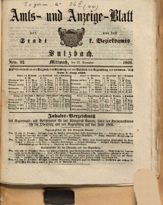 Amts- und Anzeigeblatt der Stadt und des K. Bezirksamts Sulzbach (Sulzbacher Wochenblatt) Donnerstag 27. Dezember 1866