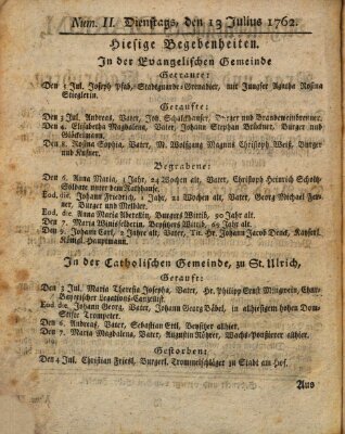 Regensburgisches Diarium oder wöchentliche Frag- und Anzeige-Nachrichten (Regensburger Wochenblatt) Dienstag 13. Juli 1762