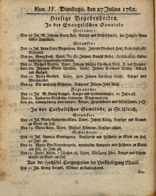 Regensburgisches Diarium oder wöchentliche Frag- und Anzeige-Nachrichten (Regensburger Wochenblatt) Dienstag 27. Juli 1762