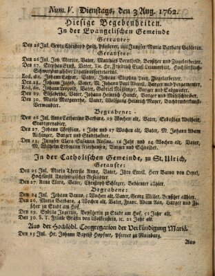 Regensburgisches Diarium oder wöchentliche Frag- und Anzeige-Nachrichten (Regensburger Wochenblatt) Dienstag 3. August 1762