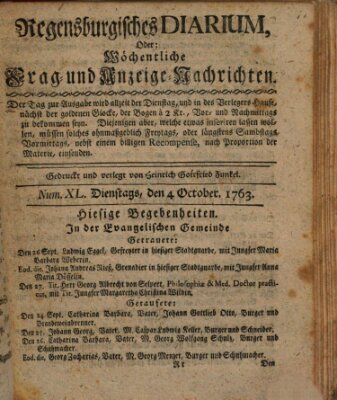 Regensburgisches Diarium oder wöchentliche Frag- und Anzeige-Nachrichten (Regensburger Wochenblatt) Dienstag 4. Oktober 1763