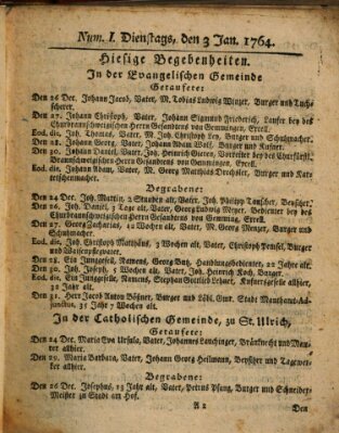 Regensburgisches Diarium oder wöchentliche Frag- und Anzeige-Nachrichten (Regensburger Wochenblatt) Dienstag 3. Januar 1764