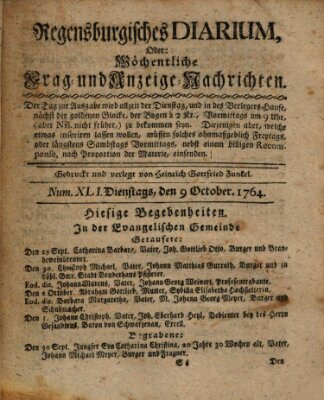 Regensburgisches Diarium oder wöchentliche Frag- und Anzeige-Nachrichten (Regensburger Wochenblatt) Dienstag 9. Oktober 1764