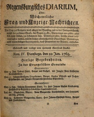 Regensburgisches Diarium oder wöchentliche Frag- und Anzeige-Nachrichten (Regensburger Wochenblatt) Dienstag 22. Januar 1765