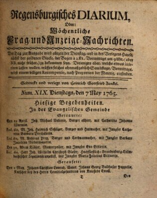 Regensburgisches Diarium oder wöchentliche Frag- und Anzeige-Nachrichten (Regensburger Wochenblatt) Dienstag 7. Mai 1765