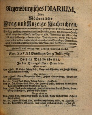 Regensburgisches Diarium oder wöchentliche Frag- und Anzeige-Nachrichten (Regensburger Wochenblatt) Dienstag 9. Juli 1765