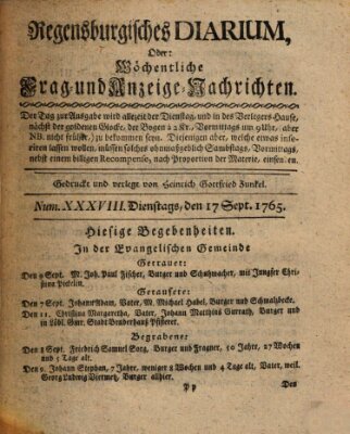 Regensburgisches Diarium oder wöchentliche Frag- und Anzeige-Nachrichten (Regensburger Wochenblatt) Dienstag 17. September 1765