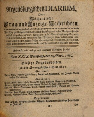 Regensburgisches Diarium oder wöchentliche Frag- und Anzeige-Nachrichten (Regensburger Wochenblatt) Dienstag 24. September 1765