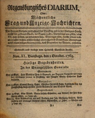 Regensburgisches Diarium oder wöchentliche Frag- und Anzeige-Nachrichten (Regensburger Wochenblatt) Dienstag 1. Oktober 1765