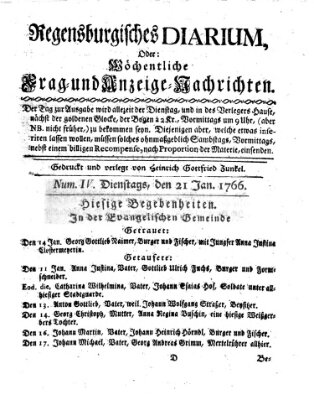 Regensburgisches Diarium oder wöchentliche Frag- und Anzeige-Nachrichten (Regensburger Wochenblatt) Dienstag 21. Januar 1766