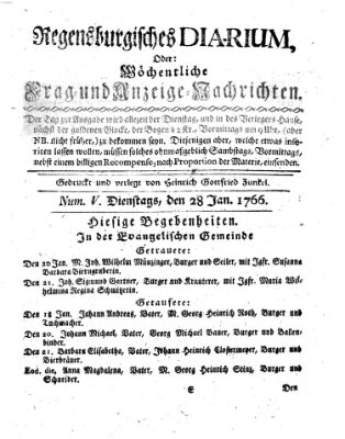 Regensburgisches Diarium oder wöchentliche Frag- und Anzeige-Nachrichten (Regensburger Wochenblatt) Dienstag 28. Januar 1766