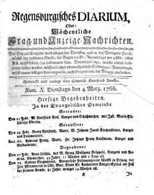 Regensburgisches Diarium oder wöchentliche Frag- und Anzeige-Nachrichten (Regensburger Wochenblatt) Dienstag 4. März 1766